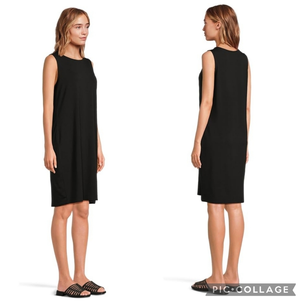 Eileen Fisher Tank Dress Sleeveless LBD Solid Black Scoopneck 100% Silk Size M